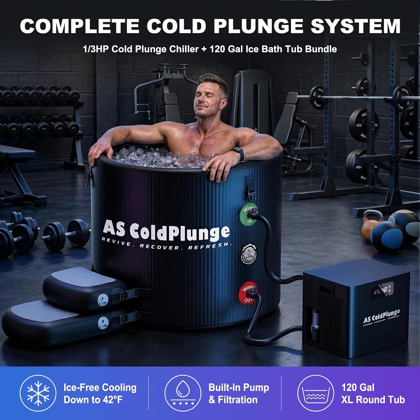 Ice Bath Tub & Cold Plunge Chiller Kit, 1/3HP Ice Bath Chiller with Built-In Pump & Filter, XL 120 Gal Insulated Ice Pod Pro, Cold Plunge Tub with Water Chiller for Cold Therapy