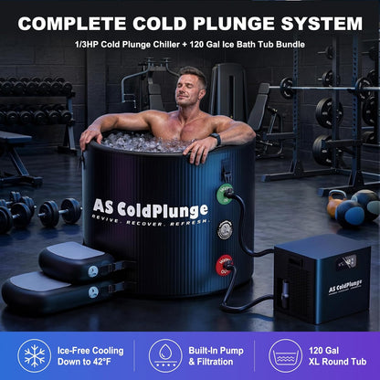 Ice Bath Tub & Cold Plunge Chiller Kit, 1/3HP Ice Bath Chiller with Built-In Pump & Filter, XL 120 Gal Insulated Ice Pod Pro, Cold Plunge Tub with Water Chiller for Cold Therapy