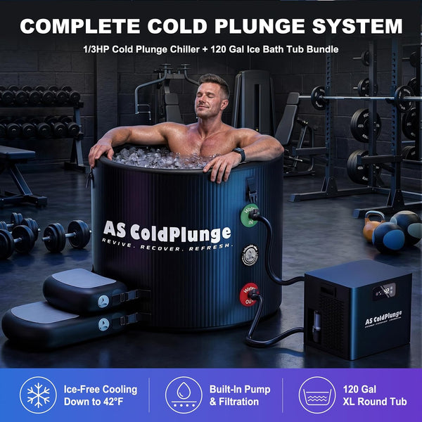 Ice Bath Tub & Cold Plunge Chiller Kit, 1/3HP Ice Bath Chiller with Built-In Pump & Filter, XL 120 Gal Insulated Ice Pod Pro, Cold Plunge Tub with Water Chiller for Cold Therapy