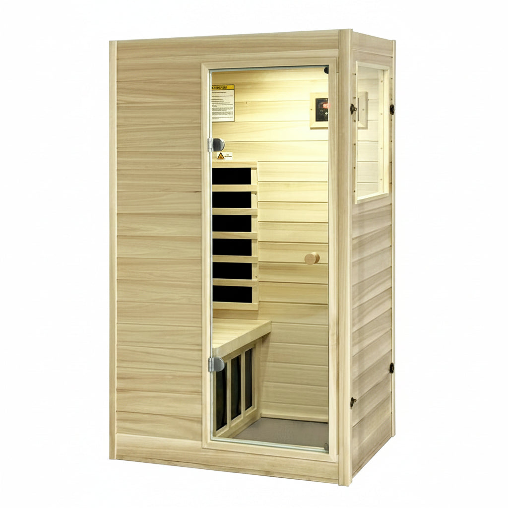 Far Infrared Sauna European Aspen Wood 1 Person Infrared Sauna for Home 905W Low EMF Mini Indoor Sauna with Bluetooth Speakers, Right Door